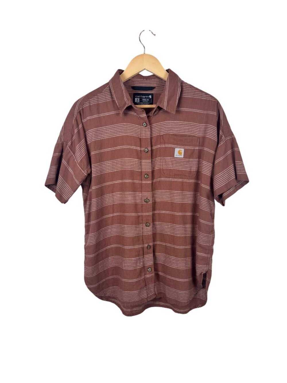 Carhartt Brown Striped Loose Fit Short-Sleeve Button-Up Shirt 100% Cotton Size S